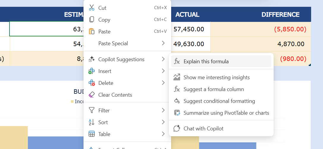 Screenshot of the Copilot explain formula option in Excel.