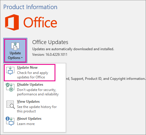 Screenshot of the Office update window in Microsoft 365.