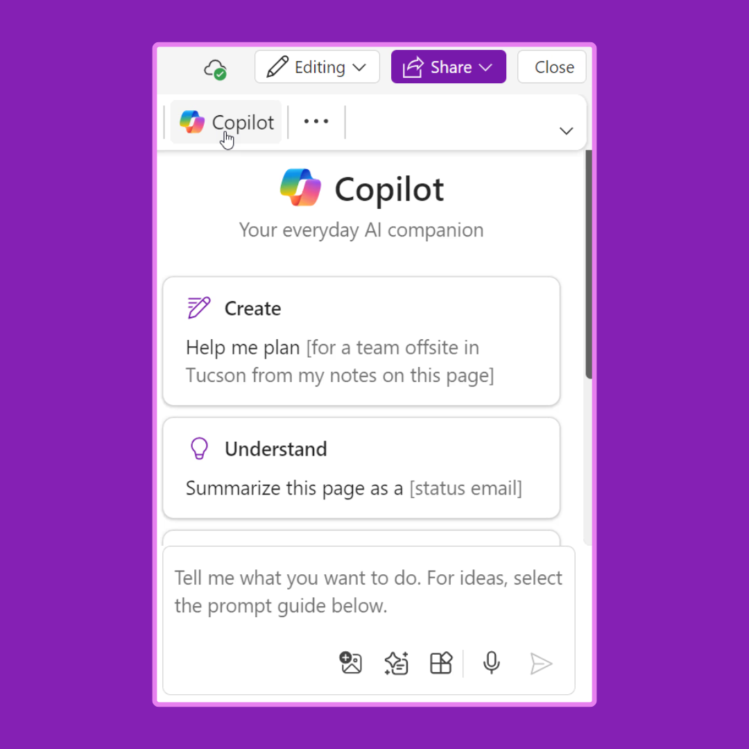 Screenshot of Copilot chat in OneNote.