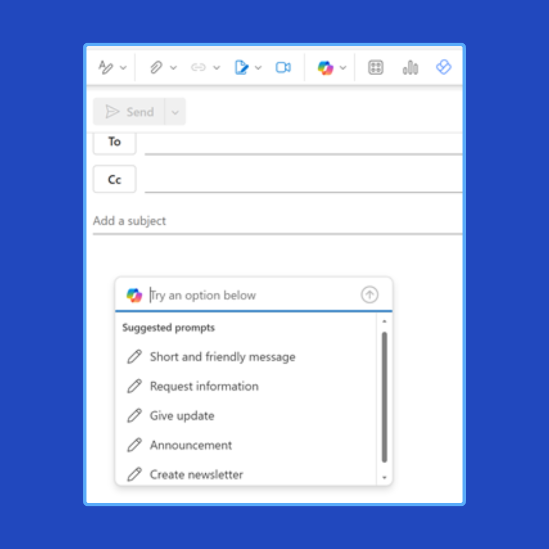Screenshot of suggested prompts in Copilot for Outlook.