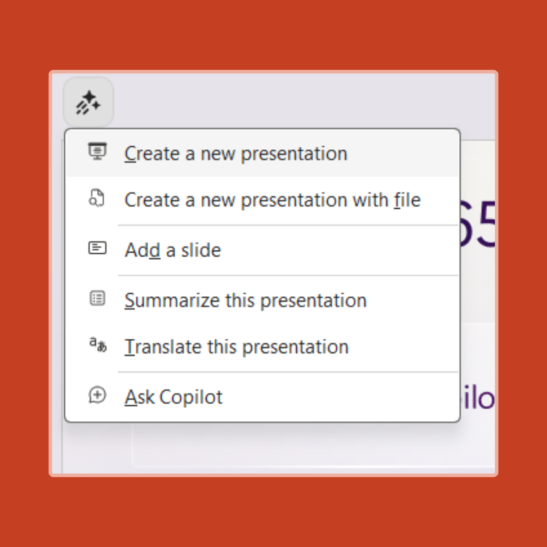 Screenshot of the Create a presentation option in the Copilot menu.