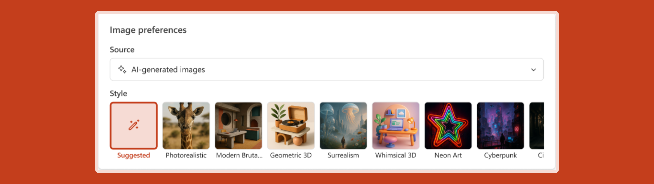Screenshot of the image preferences options in Copilot in PowerPoint.