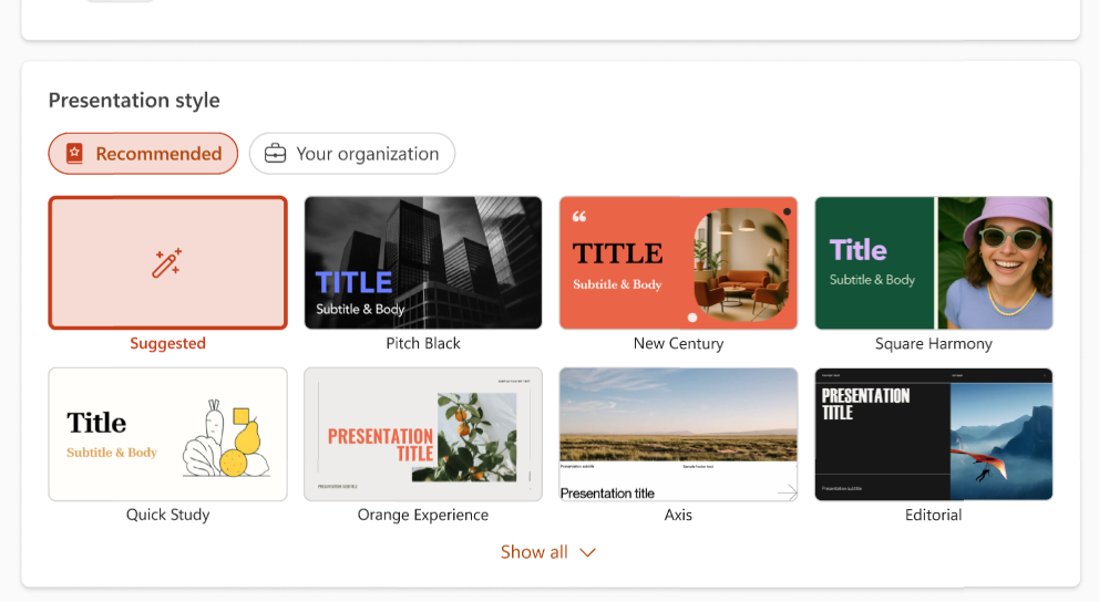 Screenshot of the presentation style options in Copilot in PowerPoint.