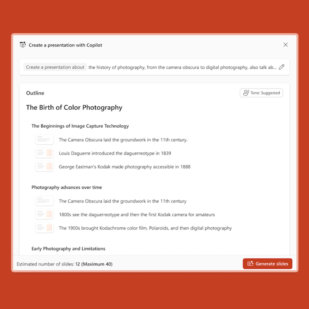 Screenshot of the Copilot prompt presentation outline in PowerPoint.