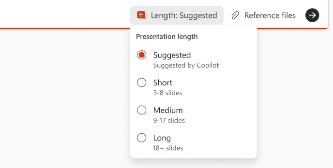 Screenshot of the presentation length options in Copilot in PowerPoint.