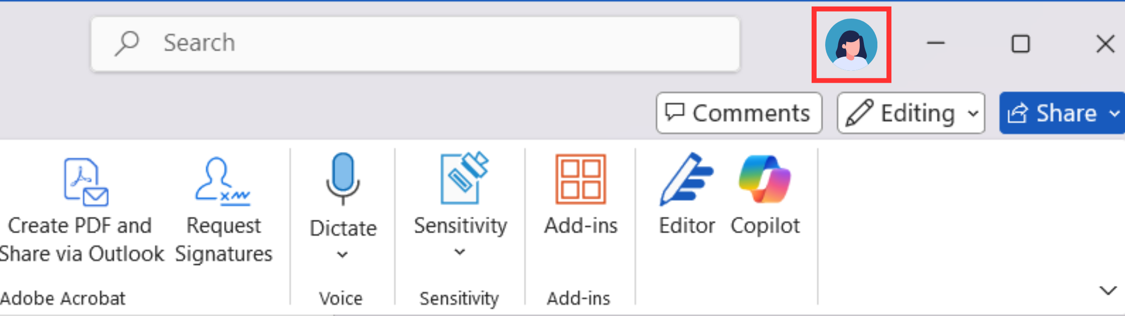 Screenshot of the profile icon in Word.