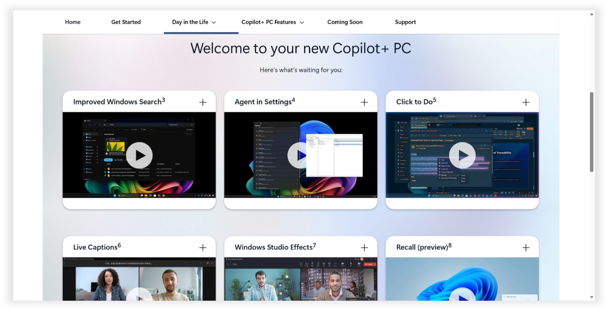 A screenshot of the Copilot+ PC Hub experiences page showing guided feature exploration tiles for Improved Windows Search, Agent in Settings, Click to Do, Live Captions, Windows Studio Effects, and Recall (preview).