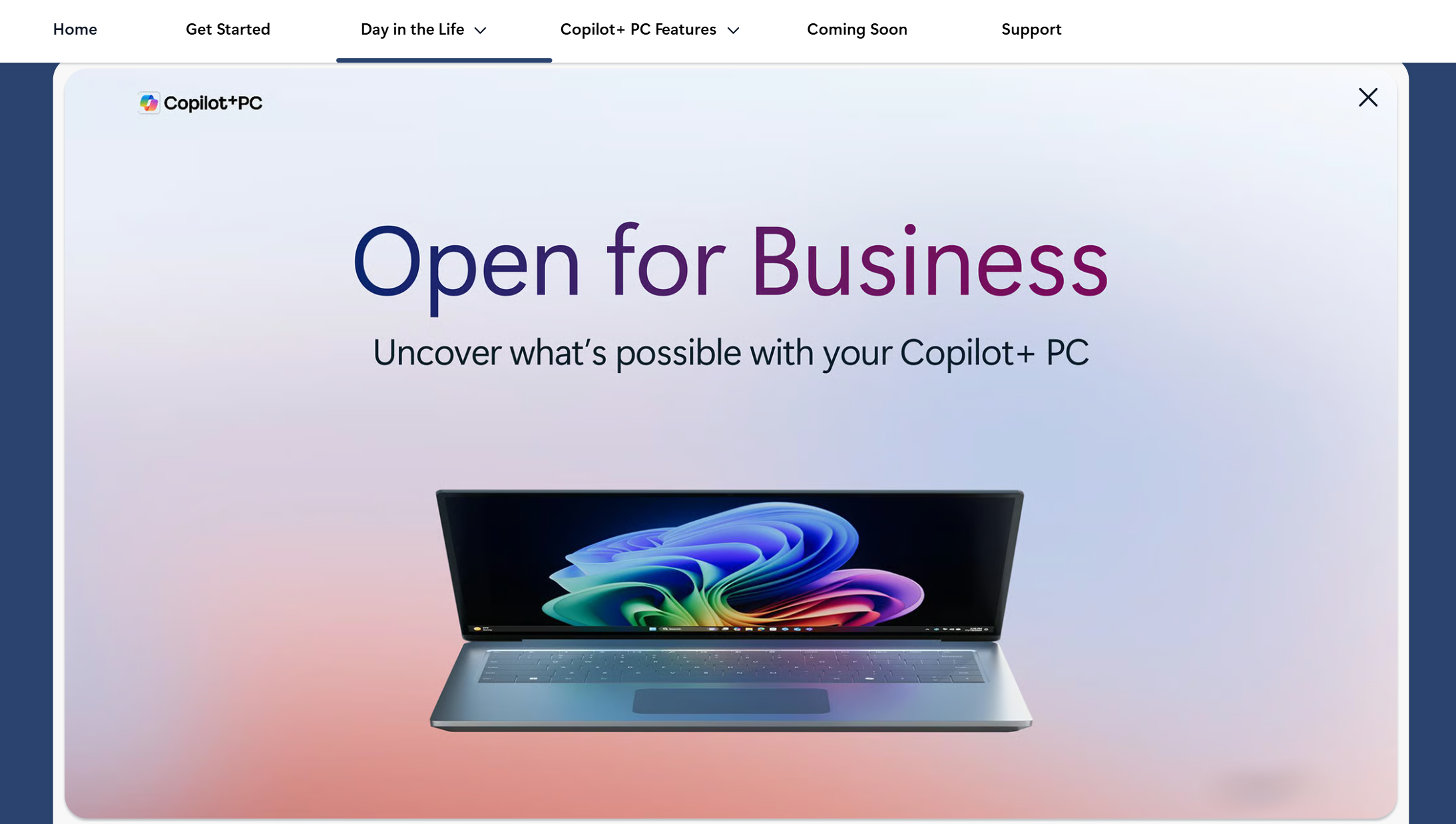 A screenshot of the Copilot+ PC Hub homepage showing the entry point for exploring Copilot+ PC experiences and learning resources.