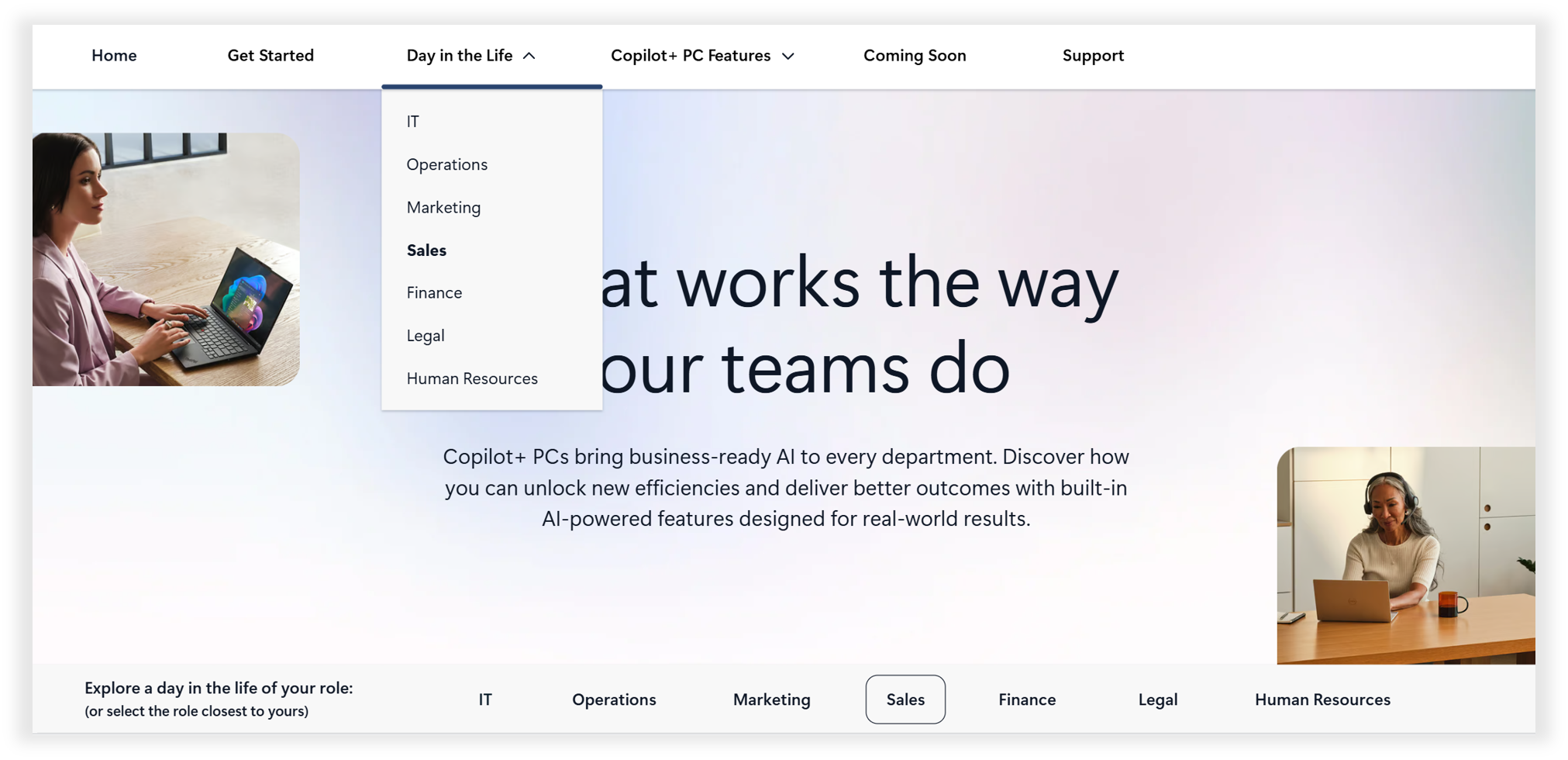 A screenshot of the Copilot+ PC Hub day-in-the-life experiences page showing role-based workflow navigation for IT, Operations, Marketing, Sales, Finance, Legal, and Human Resources scenarios.