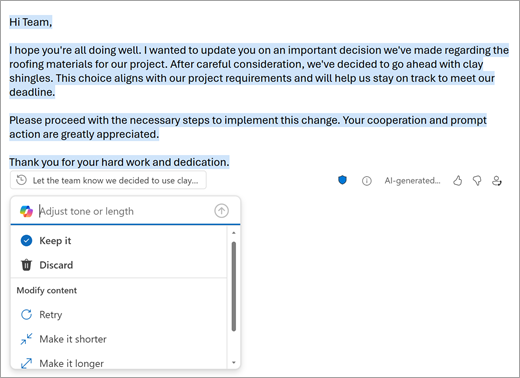 Screenshot showing how to adjust the tone of a draft in Copilot for Outlook.