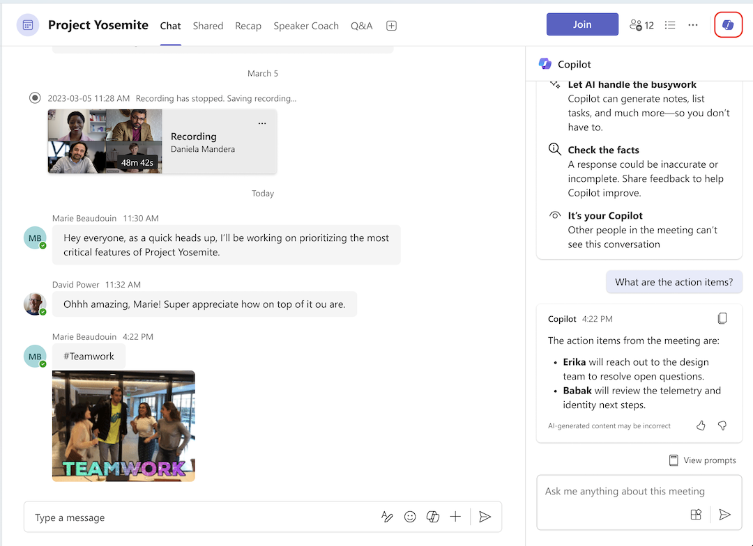 Screenshot showing Copilot in Teams.