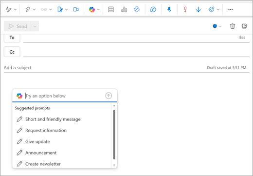 Screenshot showing suggested prompts in Copilot for Outlook.