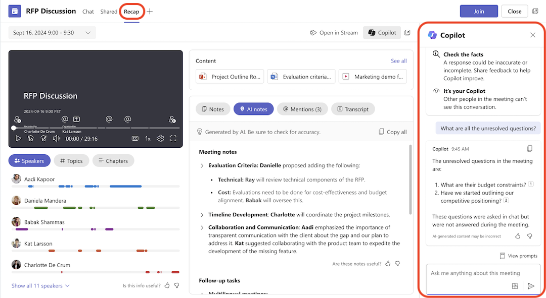 Screenshot showing Copilot in the Recap tab of Teams.