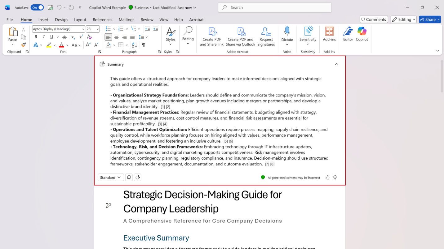 Screenshot showing the summary and action items provided by Microsoft 365 Copilot in Word.