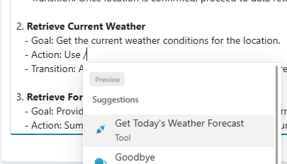 A screenshot of adding the tool to agent instructions in Copilot Studio.