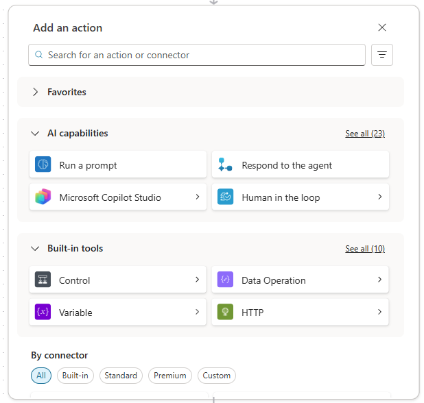 A screenshot of the Add action page in a workflow in Copilot Studio.