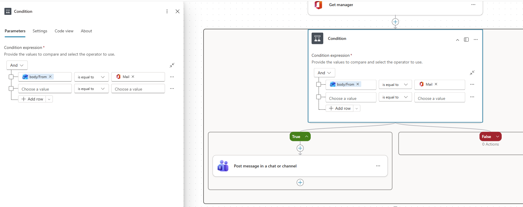 A screenshot of a configured condition in a workflow in Copilot Studio, comparing email addresses with True and False branches.