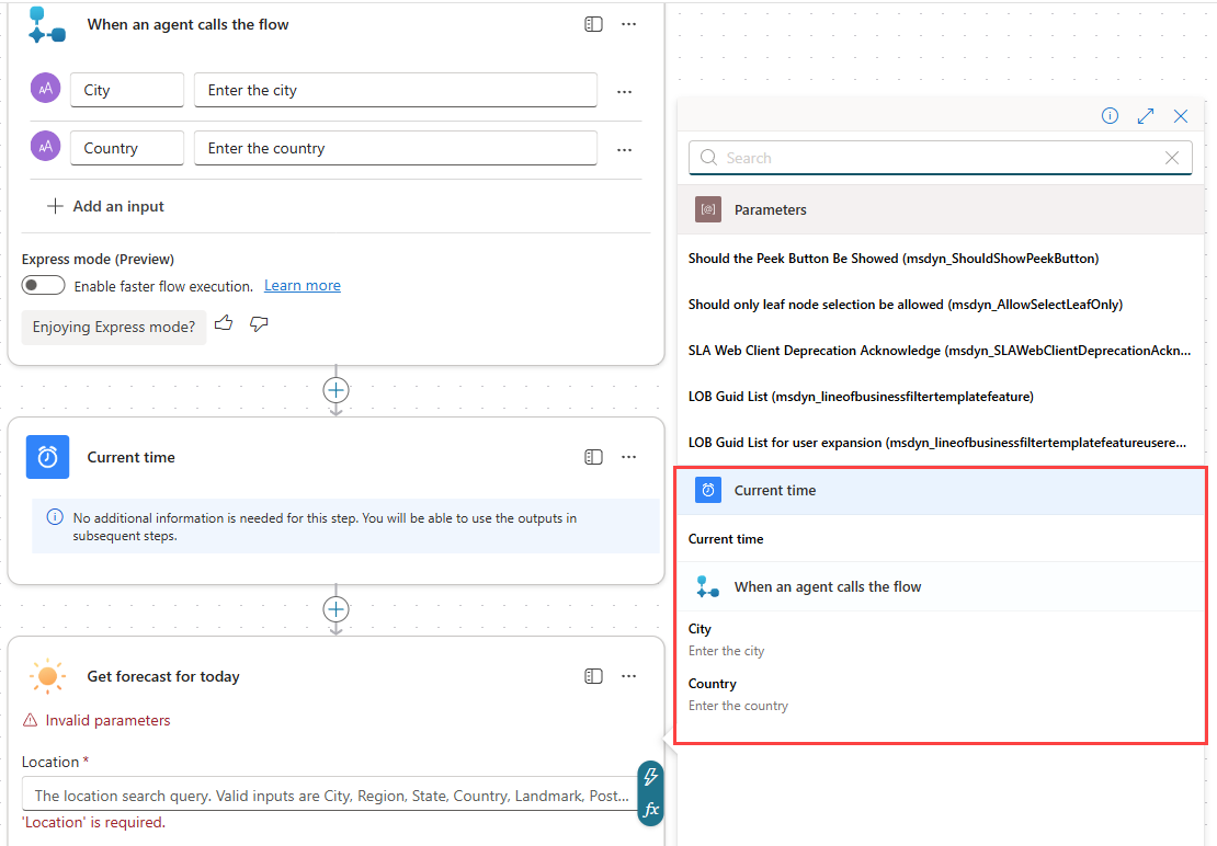 A screenshot of Dynamic content for an action in a workflow in Copilot Studio.