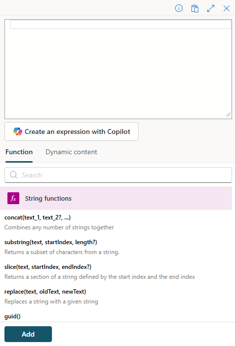 A screenshot of the expression pane for a workflow in Copilot Studio.