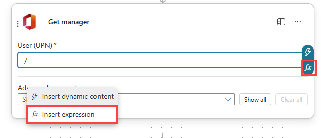 A screenshot of inserting an expression for an action in a workflow in Copilot Studio.