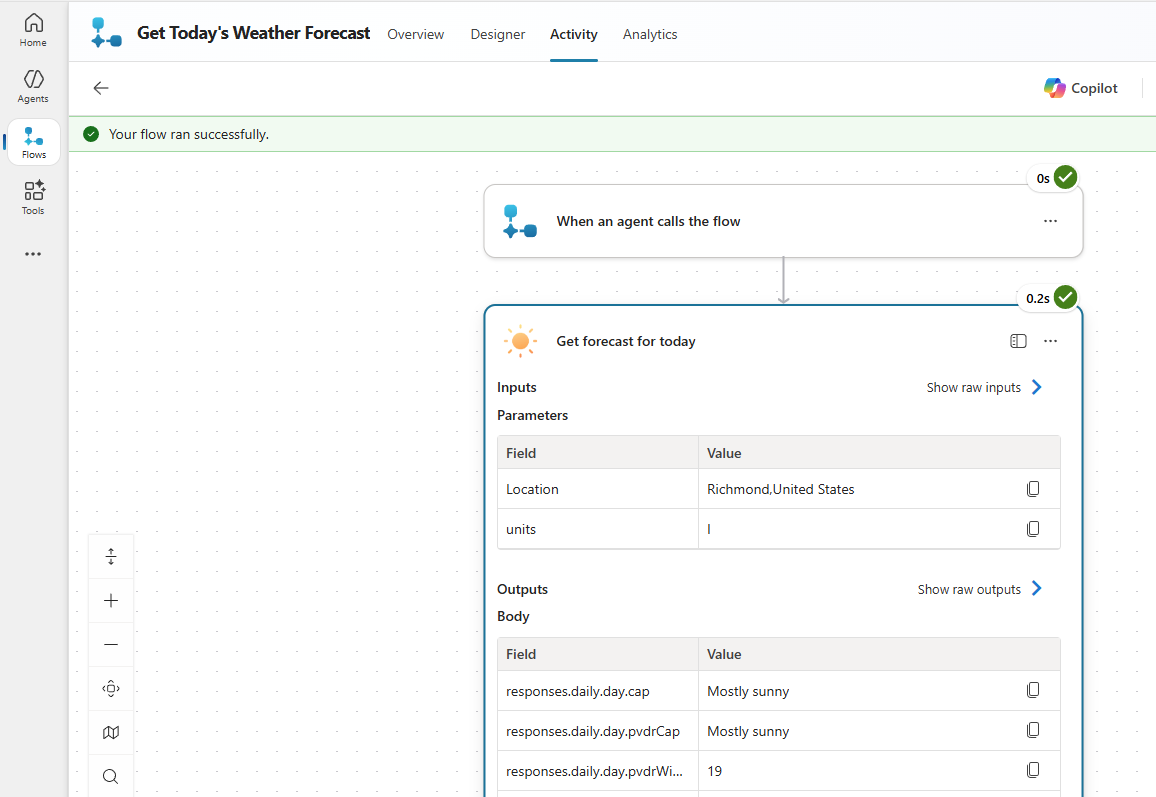A screenshot of workflow run details in Copilot Studio.