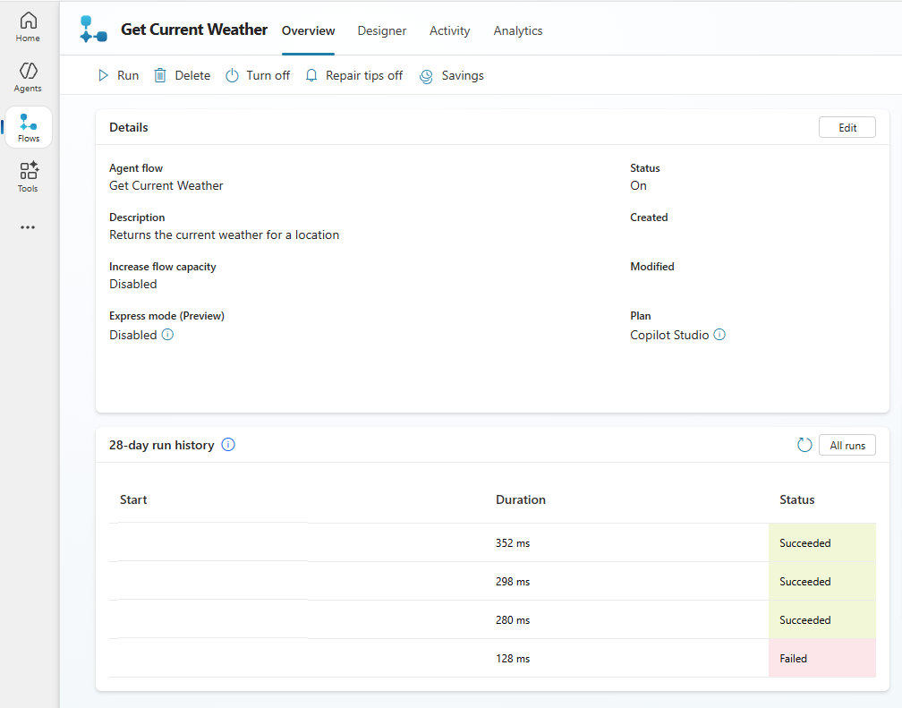 A screenshot of workflow run history in Copilot Studio.