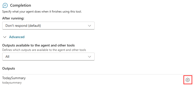A screenshot of the Completion tab in the configure tool dialog in Copilot Studio.