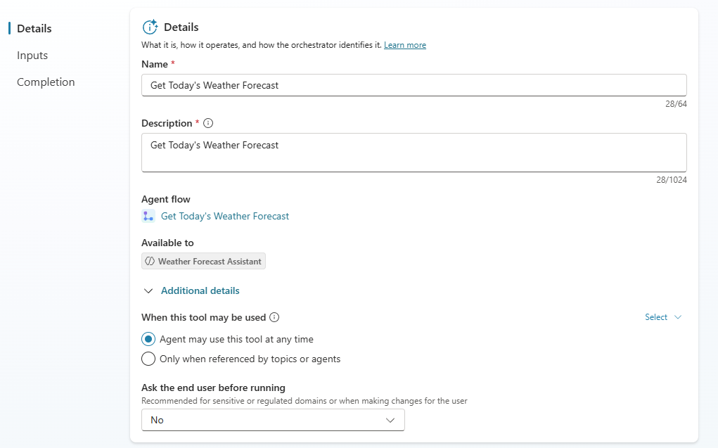 A screenshot of the Detail tab in the configure tool dialog in Copilot Studio.