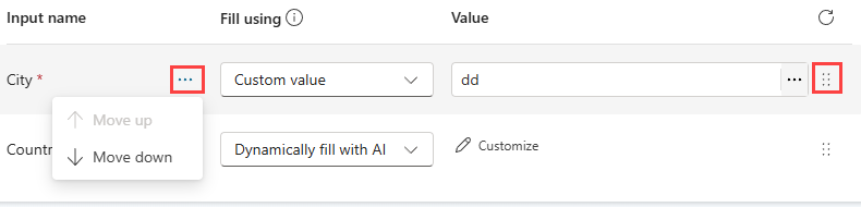 A screenshot of the move up and down in the Inputs tab in the configure tool dialog in Copilot Studio.