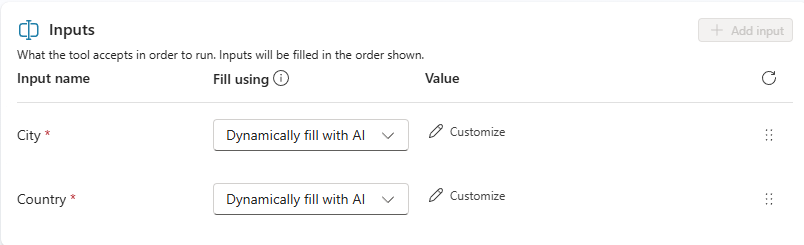 A screenshot of the Inputs tab in the configure tool dialog in Copilot Studio.