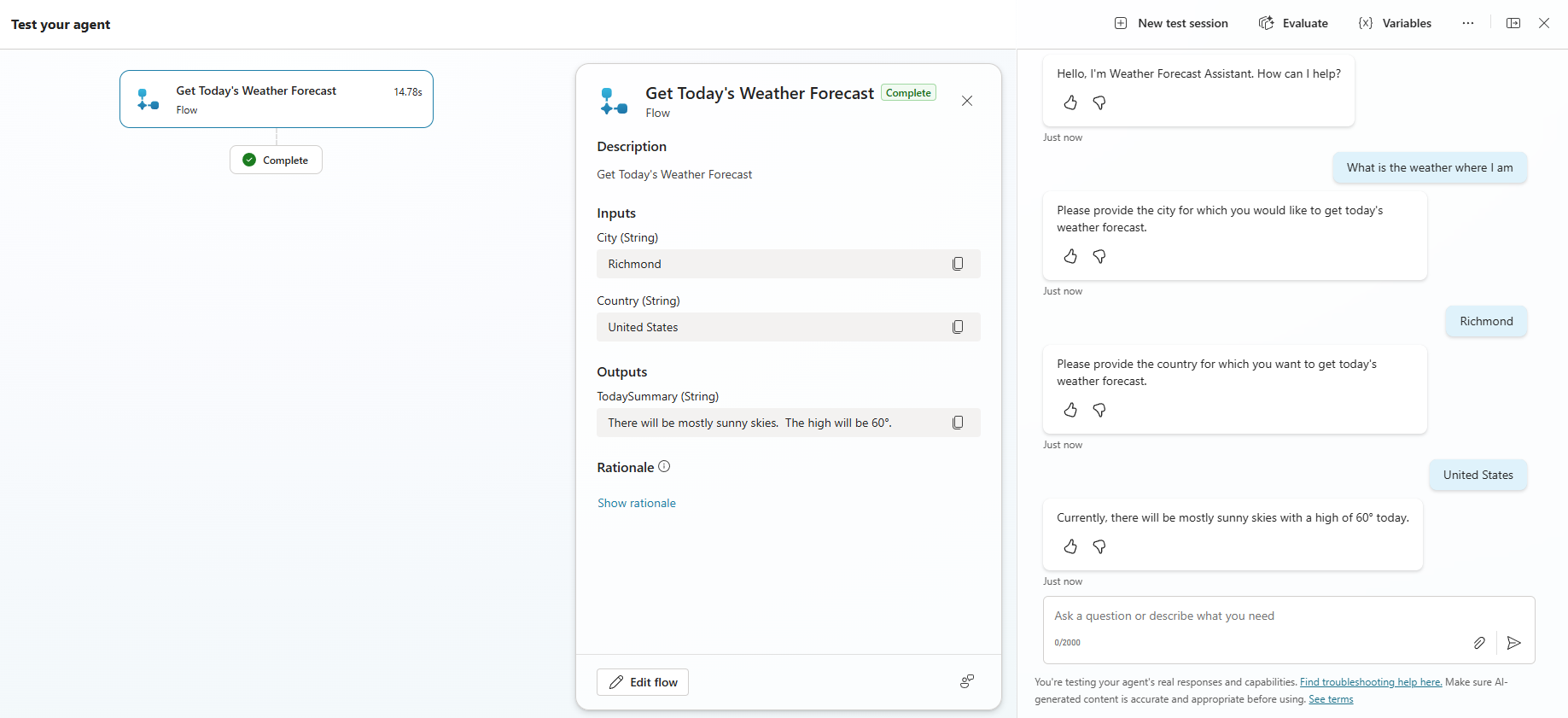 A screenshot of testing the workflow tool in Copilot Studio.
