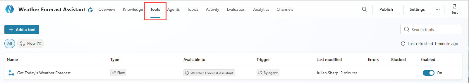 A screenshot of the Tools tab on an agent in Copilot Studio, showing a saved workflow tool.