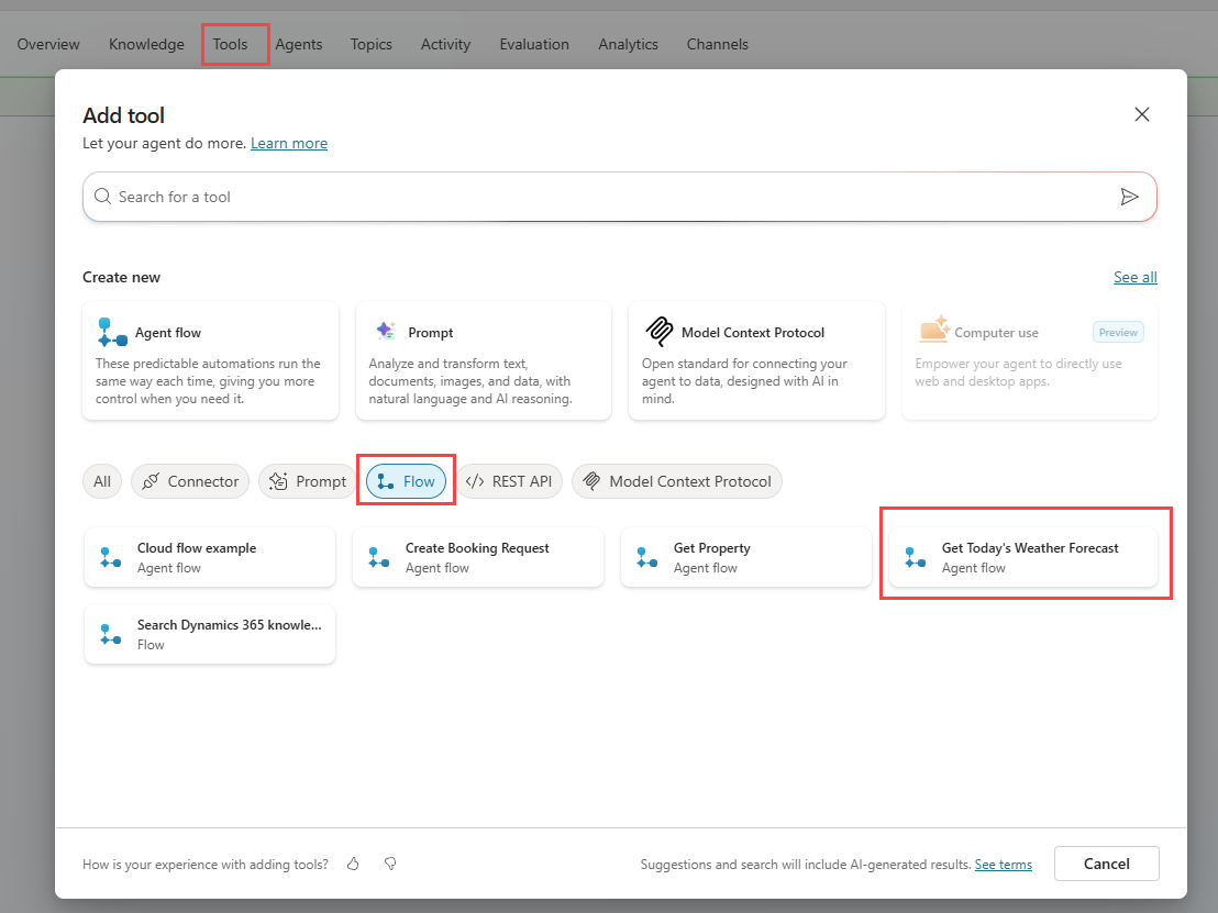 A screenshot of the workflows available as tools dialog in Copilot Studio.