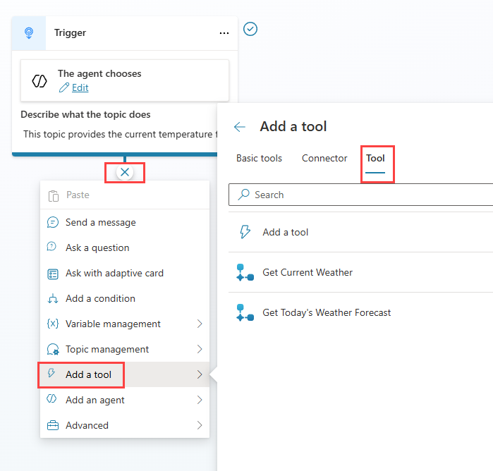 A screenshot of the add tool to a topic screen in Copilot Studio.