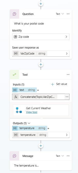 A screenshot of the workflow tool in a topic in Copilot Studio.