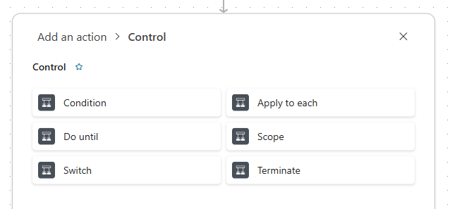 A screenshot of the control actions in a workflow in Copilot Studio.