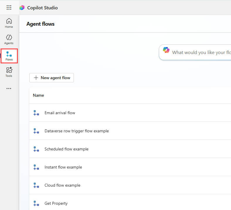 A screenshot of the workflows in Copilot Studio.