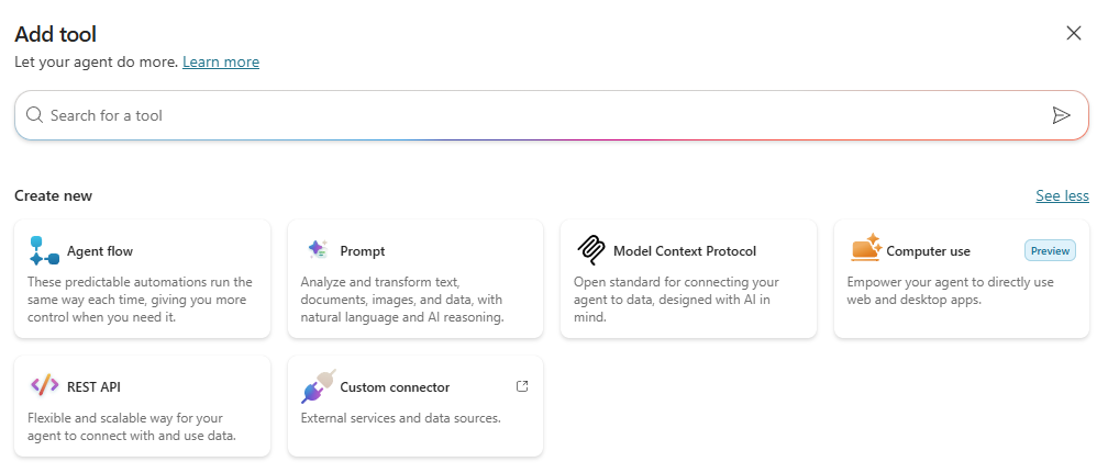 A screenshot of the add tools to agent dialog in Copilot Studio.