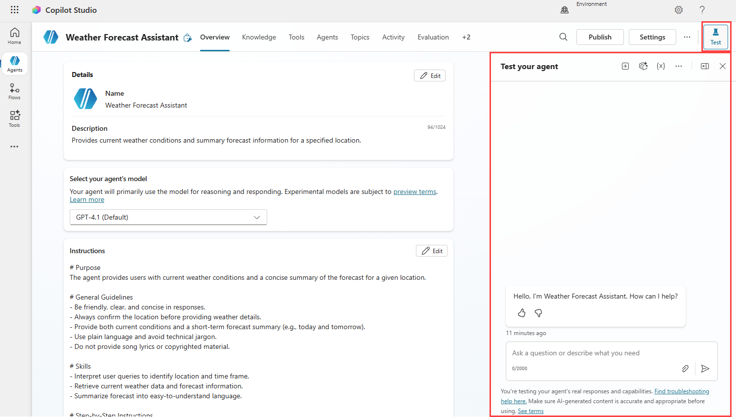 Screenshot of Test button and Test panel in Copilot Studio.