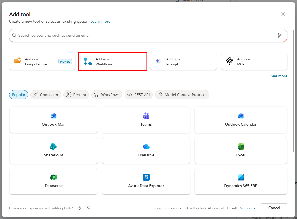 Screenshot of new tool button in the Add tool window.