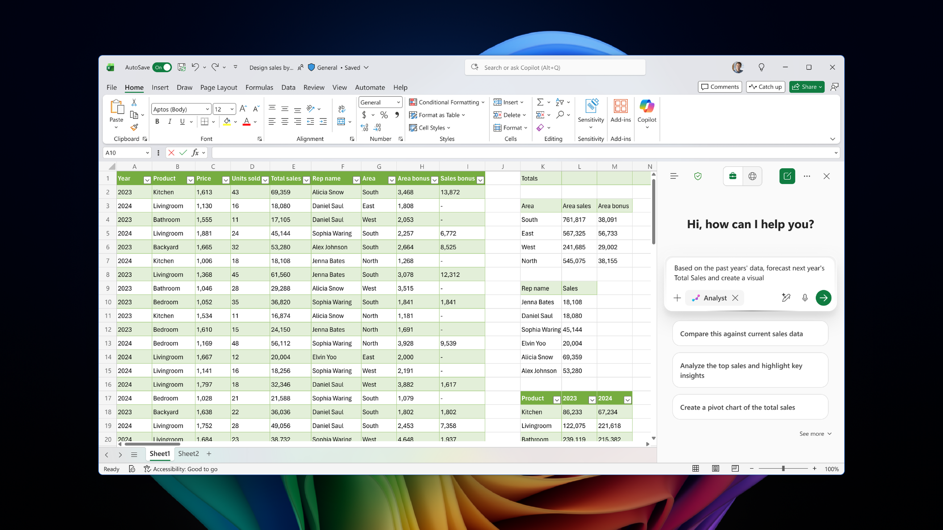 Screenshot of Copilot in Excel analyzing sales data with Analyst running.