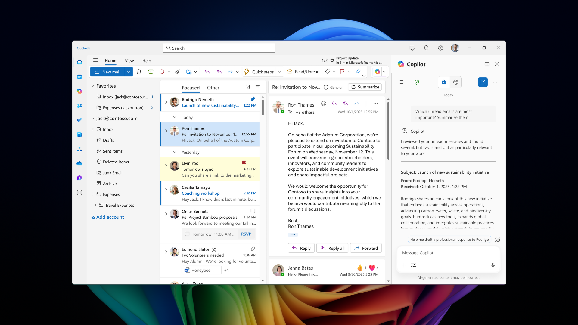 Screenshot of Copilot in Outlook summarizing and recommending action items to an email inbox.