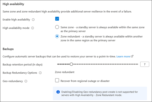 Screenshot of the High availability and Backups sections of the Compute + Storage Azure portal Flexible Server deployment page." border.
