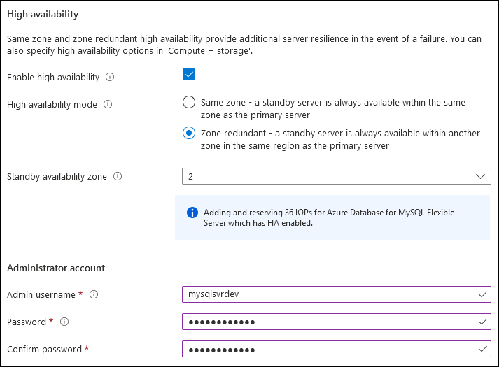 Screenshot of the High availability section of the Basics Azure portal Flexible Server deployment page.