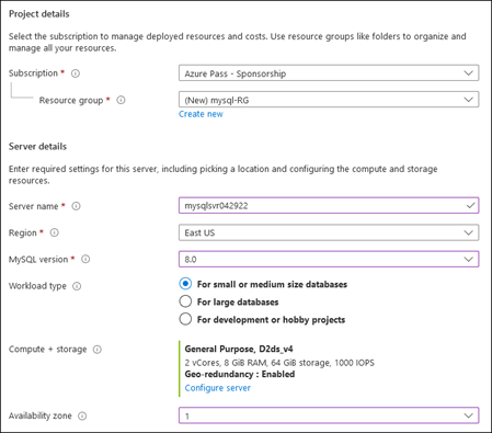 Screenshot of the Project and Server details sections of the Basics Azure portal Flexible Server deployment page.