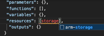 Visual Studio Code arm-storage snippet shown under the typed word storage.