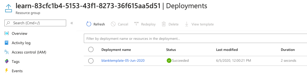 Azure portal interface for the deployments with the one deployment listed and a succeeded status.