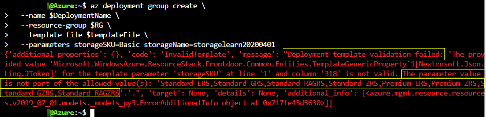 Screenshot of the Terminal window showing the deployment validation error.