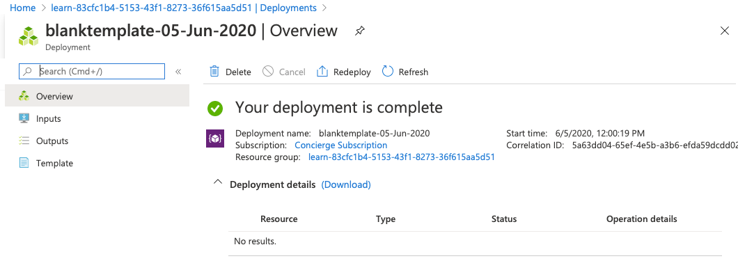 Azure portal interface for the specific deployment with no resources listed.