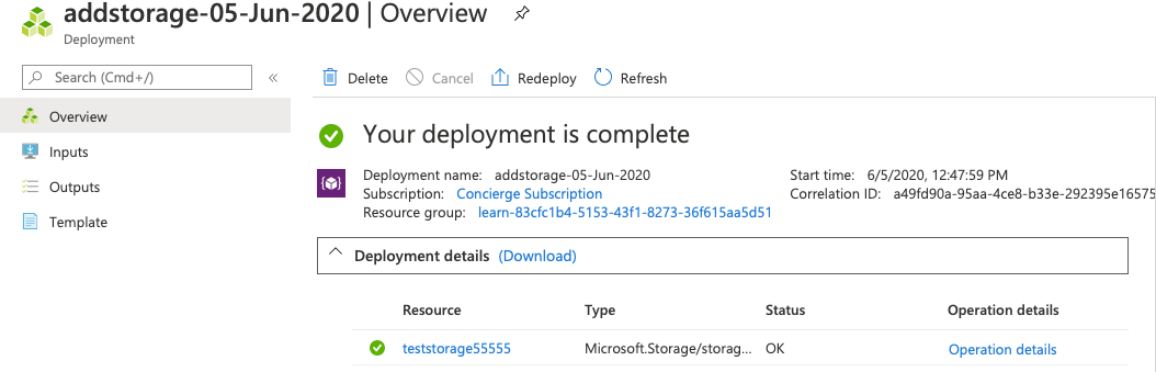 Screenshot of the Azure portal interface for the specific deployment with one resource listed.